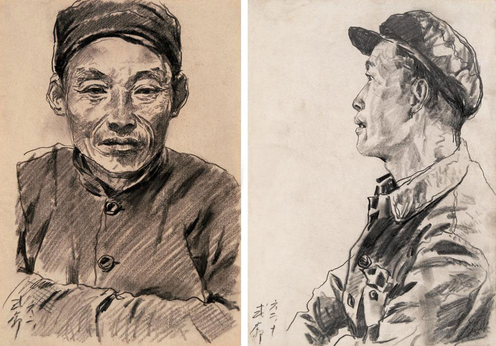 王式廓正面像素描侧面像素描二张纸上素描镜片